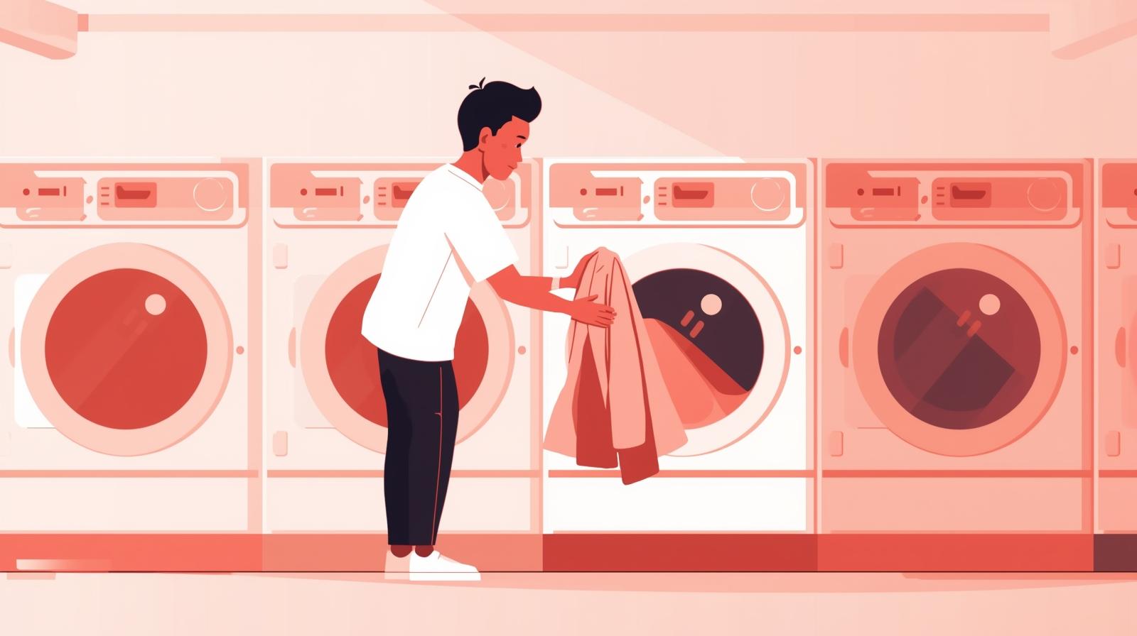 flat vector graphic of a indonesian man with short dark hair, wearing casual clothes, placing garments into a modern front load washing machine in a clean, brightly lit laundromat. the dominant color pa