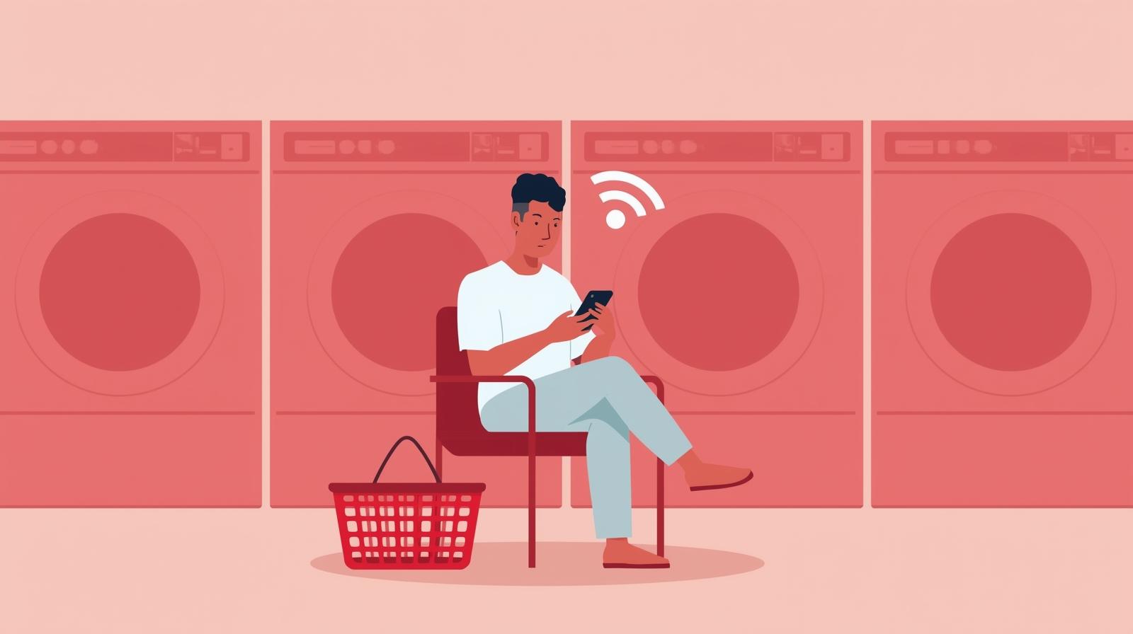 flat vector illustration of a pacific islander man calmly and relaxedly sitting on a chair in a laundromat waiting room, playing on his phone and utilizing the free wi fi, while his clothes are bein (1)