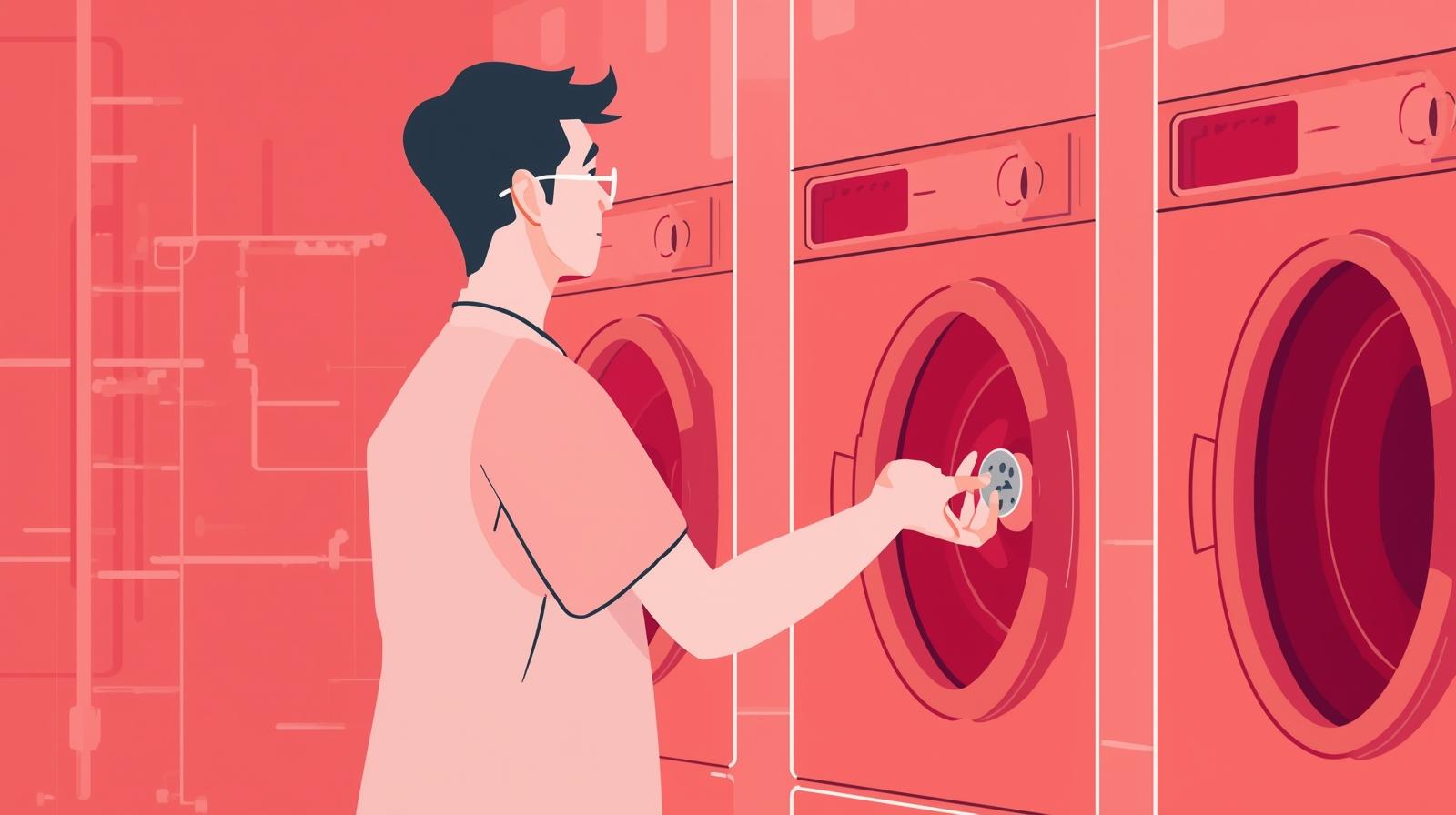 flat vector illustration of an indonesian male inserting a coin into a washing machine slot in a laundromat, featuring a clean, simple vector style with a dominant soft red color palette, emphasizing a