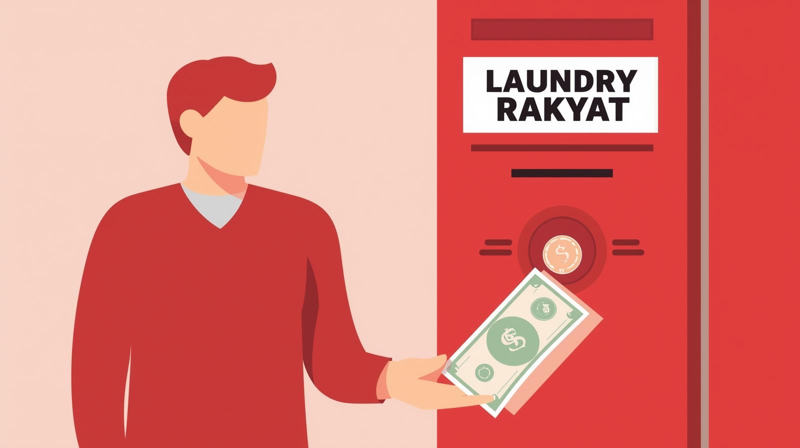 menukar uang kertas di mesin penukar koin, bertuliskan mesin laundry rakyat ad orang yang menukar uang cash dan mendapat koin memegang koin di tangan, soft red dominant color