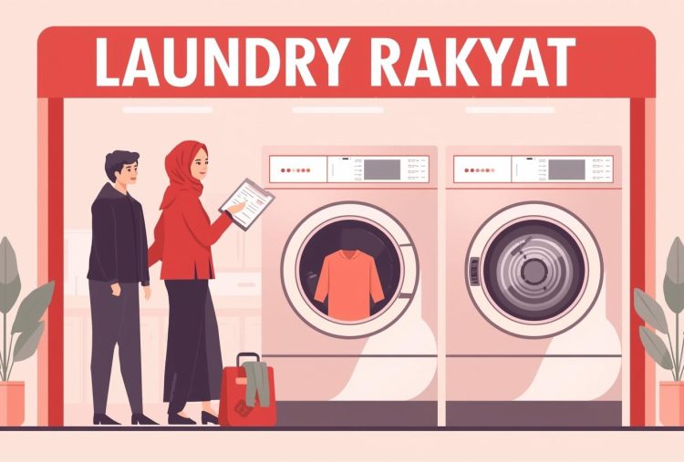 a flat vector graphic illustration of a 25 year old indonesian woman, wearing a modest hijab, meticulously placing clothes from her bag into a gleaming stainless steel self service coin laundry wash (1)