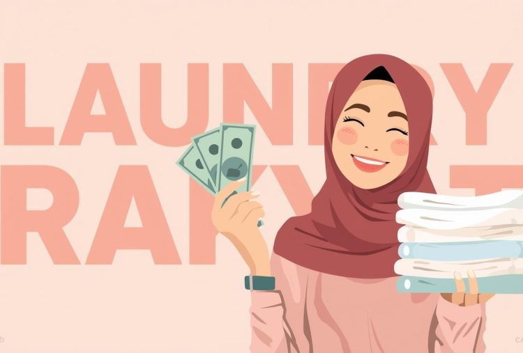 flat vector graphic of a 25 year old indonesian woman wearing a modest hijab, smiling happily. she holds money in one hand and a neat pile of freshly folded laundry in the other. the illustration us (1)